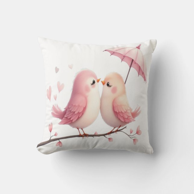 Cojín Decorativo Aves bajo un paraguas rosado (Anverso)