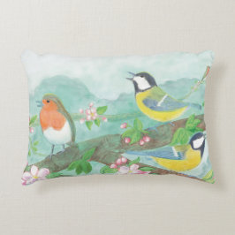 Cojín Decorativo Aves cantando en una rama de árbol floreciente