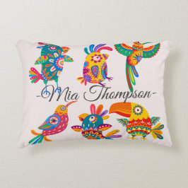 Cojín Decorativo Aves coloridas y lindas de arte popular con monogr
