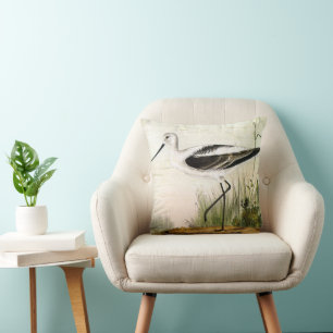 Cojín Decorativo Aves Costeras de Vida Marina Antigua, Aves Avoceta