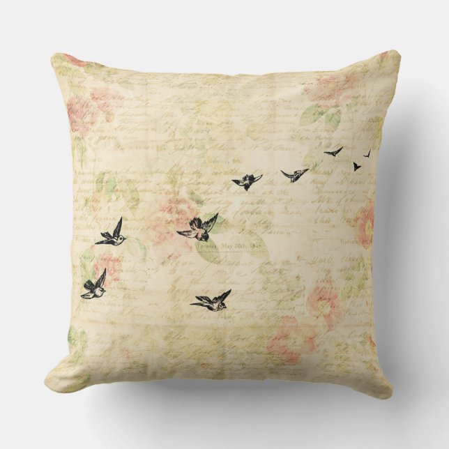 Cojín Decorativo Aves de época elegante estilo de papel con escritu (Anverso)