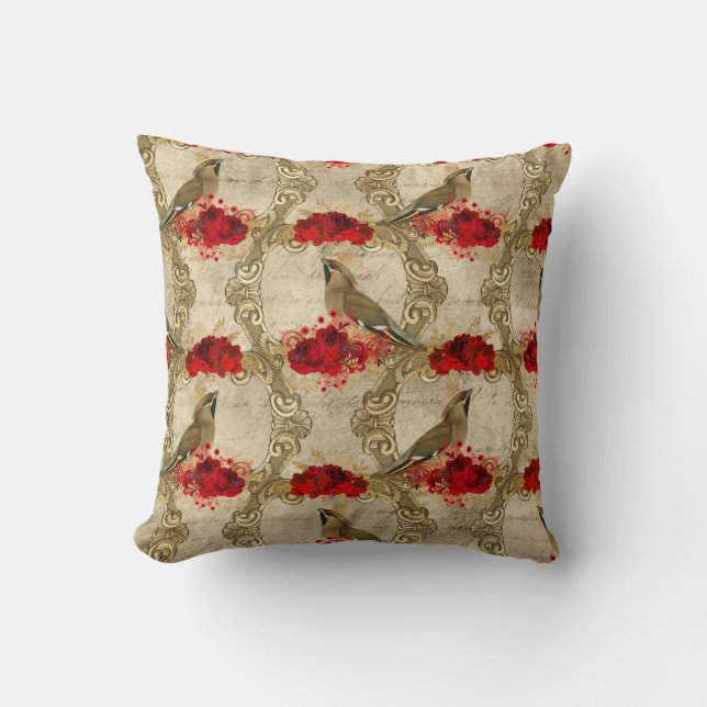 Cojín Decorativo Aves doradas y flor roja (Anverso)