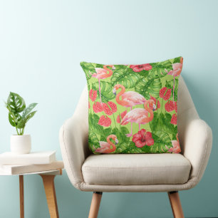 Cojín Decorativo Aves flamencas y plantas tropicales
