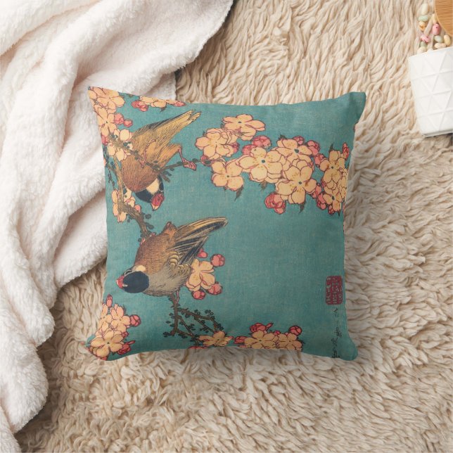 Cojín Decorativo Aves flores Hokusai Arte Japonés (Manta)