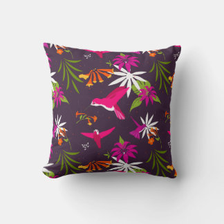 Cojín Decorativo Aves humorísticas y flores botánicas coloridas