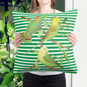 Cojín Decorativo Aves tropicales con rayas blancas verdes lanzan al
