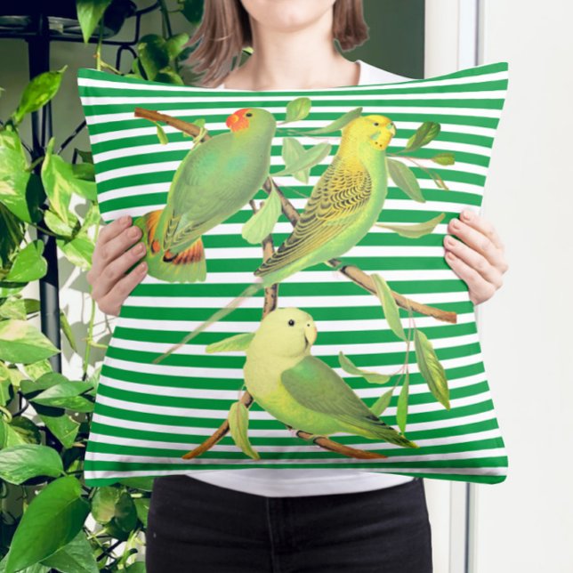 Cojín Decorativo Aves tropicales con rayas blancas verdes lanzan al (Subido por el creador)