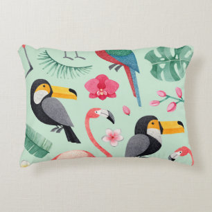 Cojín Decorativo Aves tropicales, flores, acuarela.