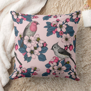 Cojín Decorativo Aves y flores en rosa