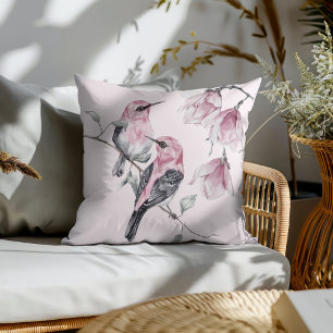 Cojín Decorativo Aves y flores rosadas en acuarela