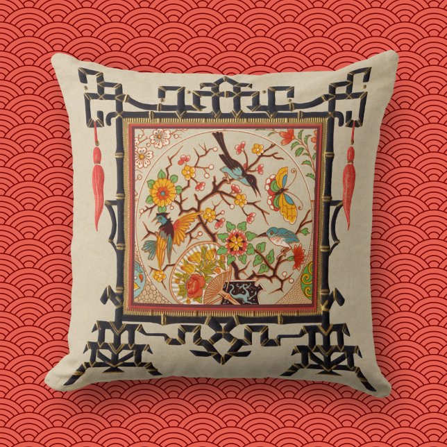 Cojín Decorativo Aves y mariposas con frontera de Bambú (Subido por el creador)