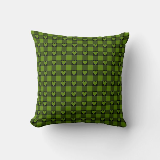 Cojín Decorativo Avocado Green Black Buffalo Heart Plaid (Anverso)