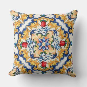 Cojín Decorativo Azafrán Rojo Floral Siciliano Mayólica Mediterráne