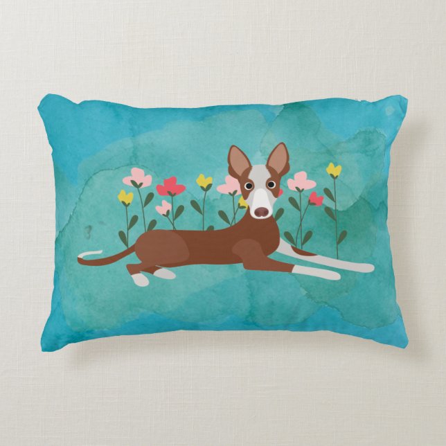 Cojín Decorativo Azul acuarela Floral Podenco Perro (Anverso)