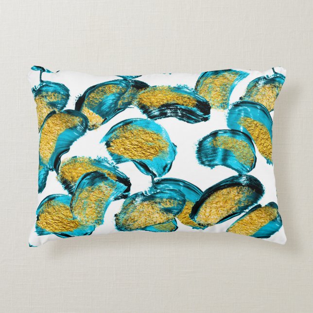 Cojín Decorativo azul acuático, turquesa, dorado. (Anverso)