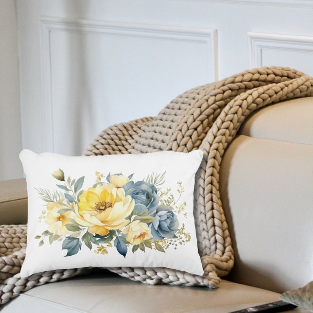 Cojín Decorativo Azul Amarillo Acuarela Floral Dormitorio Sala (Blue Yellow Floral Watercolor Lumbar accent pillow)