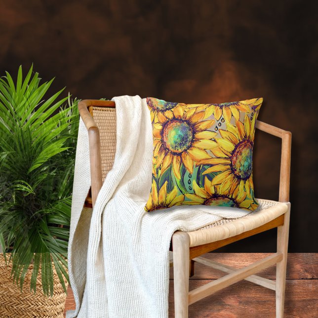 Cojín Decorativo Azul amarillo girasol (Sunflower Yellow Blue Throw Pillow)
