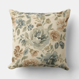 Cojín Decorativo Azul Antiguo Marrón Salvia Beige Floral Acuarela