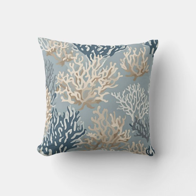 Cojín Decorativo Azul Beige Beachy Coral Reef Patrón Náutico (Anverso)
