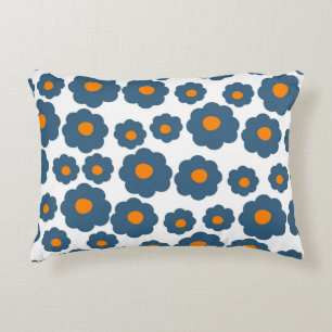 Cojín Decorativo Azul caprichoso y floral retro naranja, alegre