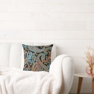 Cojín Decorativo Azul Celeste y Naranja Otoñal Vintage Paisley