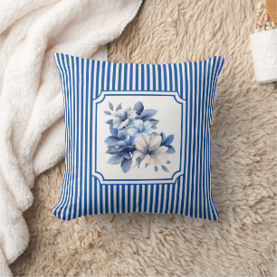 Cojín Decorativo Azul Cobalto Floral a Rayas