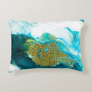 Cojín Decorativo Azul con purpurina dorado arte fluido, creativo ab