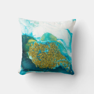 Cojín Decorativo Azul con purpurina dorado arte fluido, creativo ab