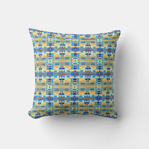 Cojín Decorativo Azul Coral Amarillo Dorado Patrón de Baldosa Peque