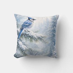 Cojín Decorativo Azul de Carboncillo Arrendajo sobre Rama de Pino