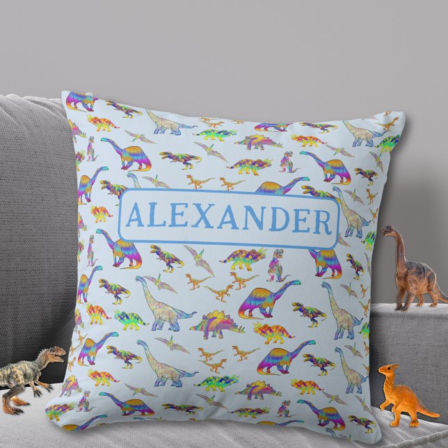 Cojín Decorativo Azul de dinosaurio personalizado (Colorful dinosaur pattern custom name blue pillow for Jurassic dino lovers)