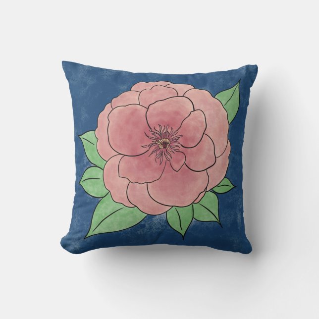 Cojín decorativo azul de flores rosadas decorativa (Anverso)