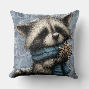 Cojín Decorativo Azul de invierno Navidad Mapache lindo con bufanda