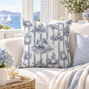 Cojín Decorativo Azul de Moda Costera Rayas Toile de Jouy Conchas
