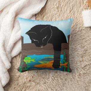 Cojín decorativo azul de pesca de gato negro