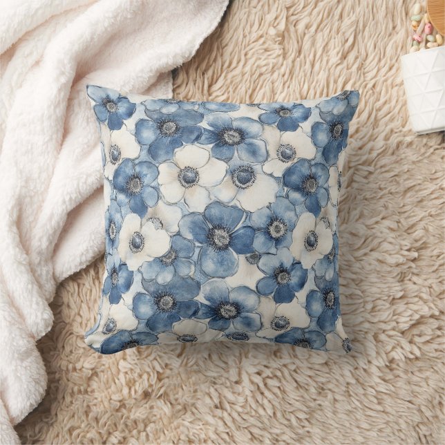 Cojín Decorativo Azul Denim Blanco Corazón franjas Floral (Manta)
