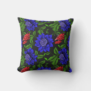 Cojín Decorativo Azul Elegante Y Flor Roja Fondo Negro