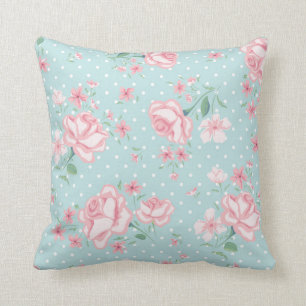 Cojín Decorativo azul en polvo, rosa, punto de polka, floral, vinta