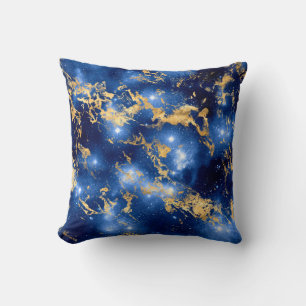 Cojín Decorativo Azul Impresionante, Mármol Galaxia de Oro y Blanco