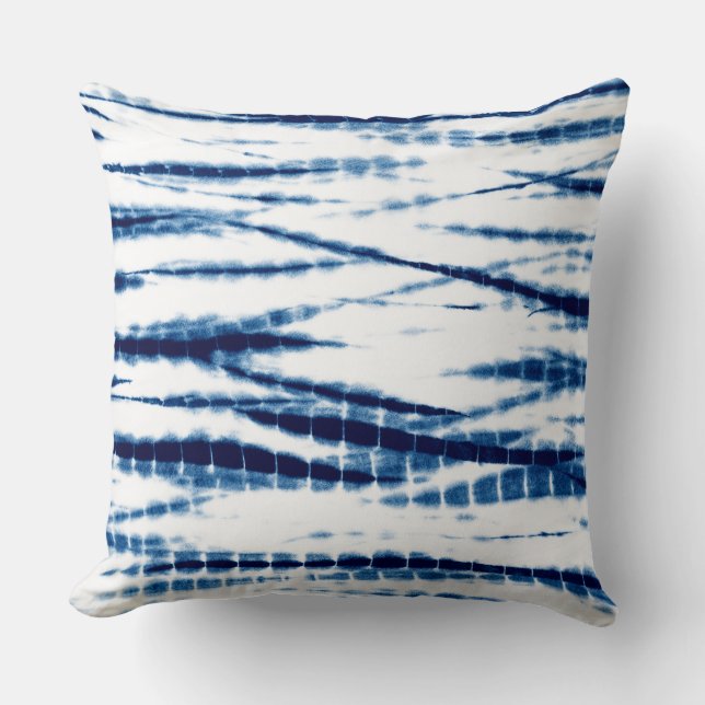 Cojín Decorativo Azul Índigo azul tinte de tinta Shibori StripeLanz (Anverso)