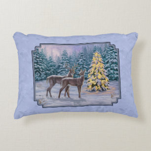 Cojín Decorativo Azul invernal de ciervo y árbol de Navidad