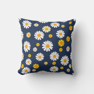 Cojín Decorativo Azul Marino Amarillo Floral Simple Patrón Retro de