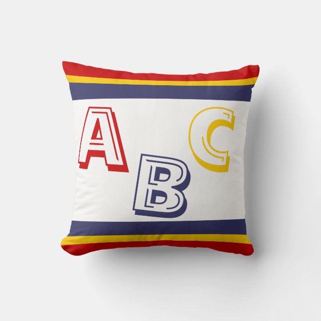 Cojín Decorativo azul marino, amarillo y rojo ABC en blanco (Anverso)
