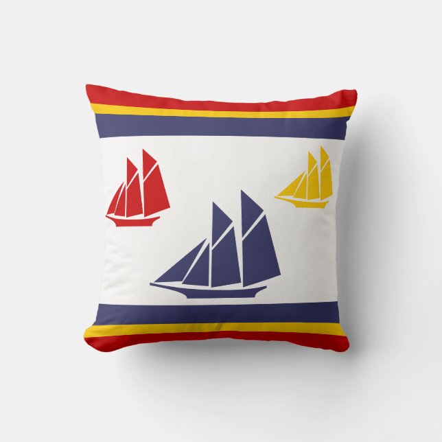 Cojín Decorativo azul marino, amarillo y rojo barco de vela blanco  (Anverso)