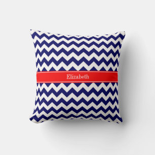 Cojín Decorativo Azul Marino Blanco Chevron Zig Zag Rojo Nombre Mon