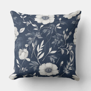 Cojín Decorativo Azul Marino Gris Blanco Floral Casa de Campo