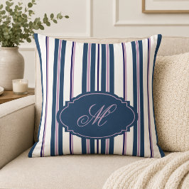 Cojín Decorativo Azul Marino +Lila Claro +Rayas Verticales Blancas 