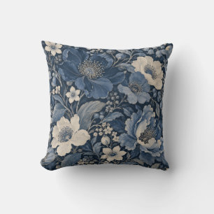Cojín Decorativo Azul Marino Marfil Floral Abundante