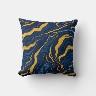 Cojín Decorativo Azul Marino Mármol Dorado Abstracto Topográfico de