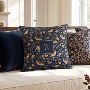 Cojín Decorativo Azul Marino Monograma Floral Vintage Pájaro Willia